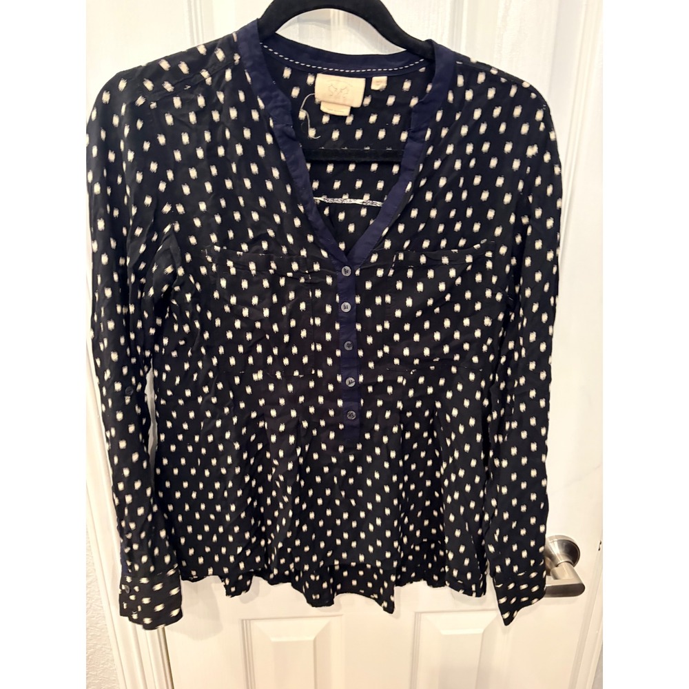 Vanessa Virginia Blouse Navy Ikat Polka Dot Henley Button Down Top Boho